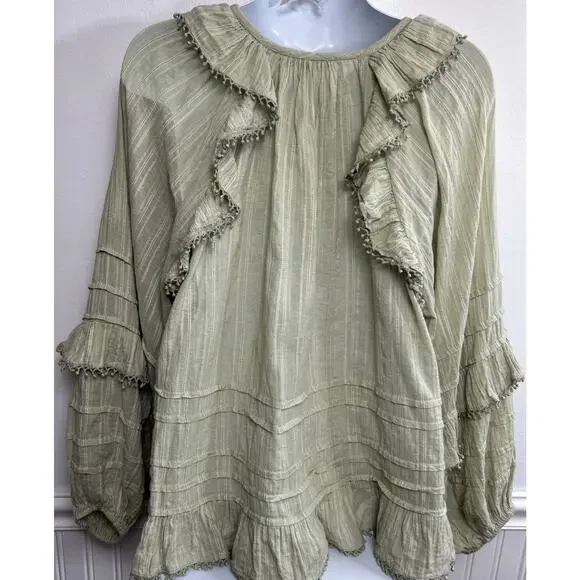 Love The Label Anthro Ruffled Full Sleeve Top Blouse M Green Fairy Romantic - Picture 3 of 9